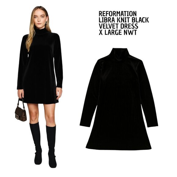 REFORMATION BLACK VELVET LIBRA KNIT DRESS X LARGE NWT - Picture 1 of 5